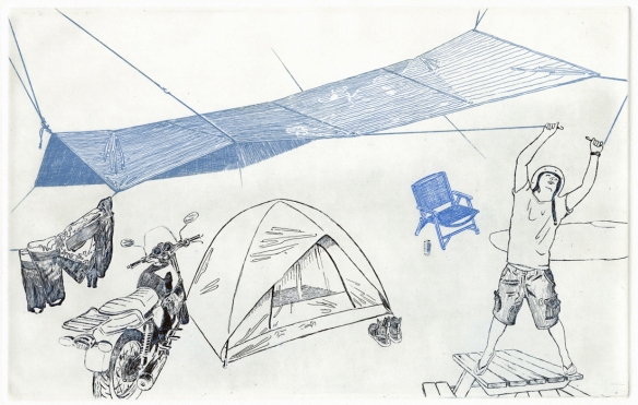 Kurt Pammer, “Have Bungee Will Travel ”  etching with drypoint - 11" x 15" - 2013 